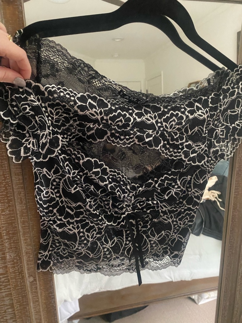 I.AM.GIA Black Lace Cropped Off-Shoulder Top